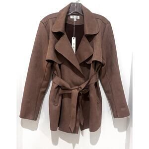 New She + Sky Coat Womens Large Cognac Faux Suede Knit Short Trench Jacket